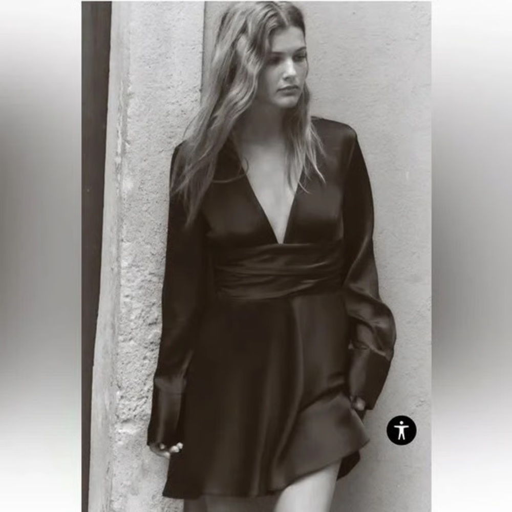 Zara deep plunge V-neck Black Satin Dress